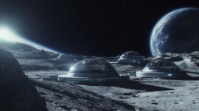 Futuristische Mondbasis unter Sternenhimmel. Kuppeln und Module auf grauer Oberfl&auml;che. Erde am Horizont. Sci-Fi-Vision naher Zukunft