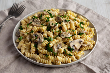 Homemade Mushroom Stroganoff on a Plate, side view.