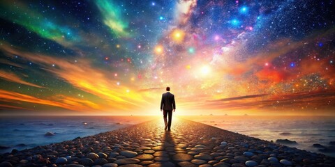 A Solitary Figure Walks Towards a Celestial Horizon, Guided by the Infinite Promise of a Starry Sky