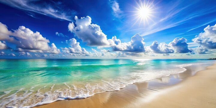 A breathtaking seascape of a tranquil ocean with gently rolling waves crashing on a pristine white sand beach under a brilliant blue sky adorned with fluffy white clouds and a radiant sun.