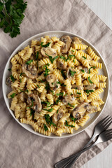 Homemade Mushroom Stroganoff on a Plate, top view.
