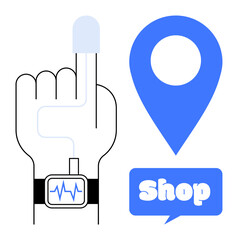 Hand with heart monitor, a blue location pin, and a speech bubble with the word Shop. Ideal for e-commerce, healthcare, technology, online shopping, and navigation themes. Simple vector style