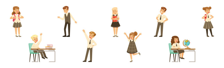 Cute Boy and Girl Character in School Uniform Vector Set