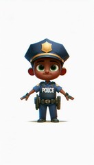 Fototapeta premium 3d stylized of an African boy as a policeman. posing facing the camera, wearing a police uniform. Isolated on White background
