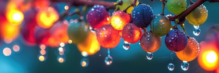 Colorful raindrops cling to vibrant grape bunches during a refreshing morning in the garden