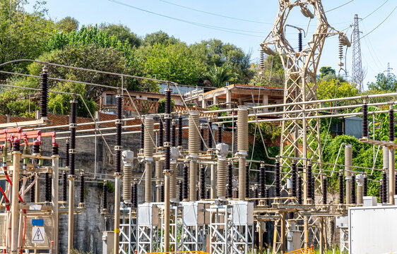 industrial transformer electrical substation undewr electric current providing electricity for a town or city