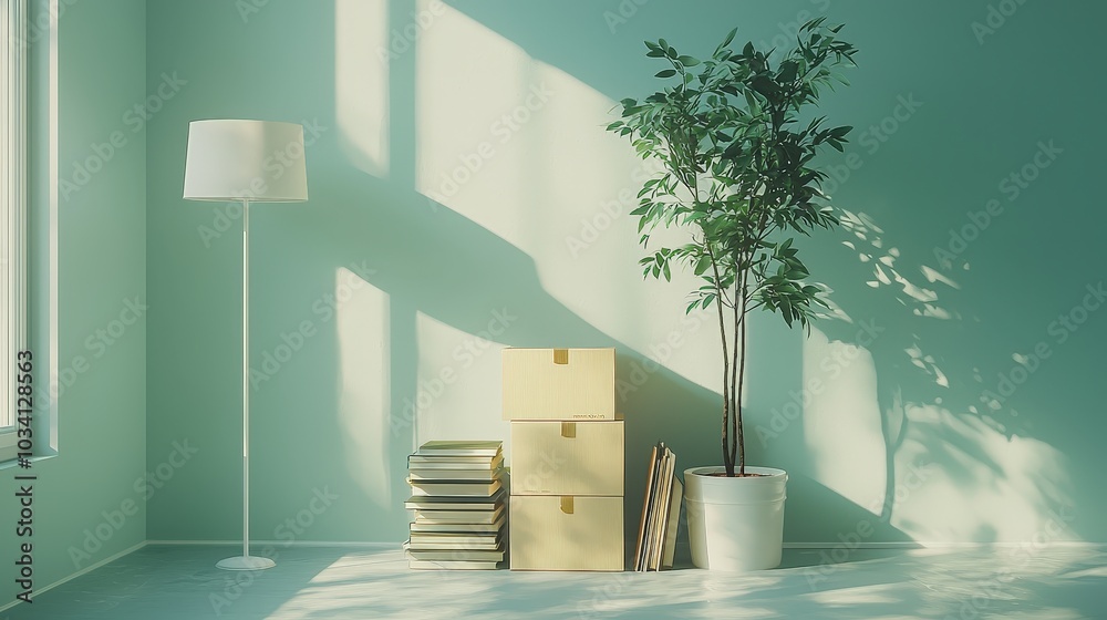 Poster Sunlight streams through large windows illuminating a bright room with a lamp, potted plant, and stacked boxes