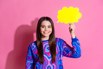 Photo portrait of attractive teen woman hold paper cloud dressed stylish colorful clothes isolated...