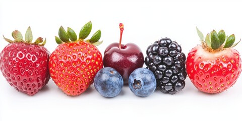 Fresh Red Strawberries  Blueberries  Blackberries  and Cherry on White Background