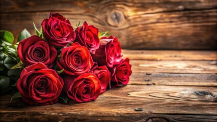 A vibrant bouquet of velvety red roses rests on a rustic wooden surface, their delicate petals unfurling in a symphony of color and elegance.