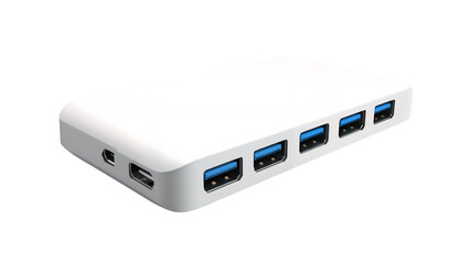 A compact USB hub with multiple ports isolated on a transparent background, PNG 