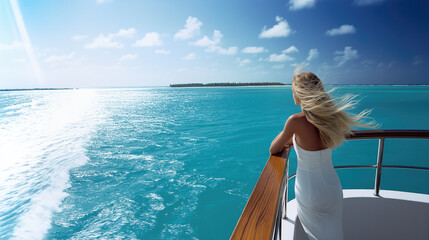 ocean, captured from the deck of a luxurious yacht.  polished wooden railing with crystal-clear turquoise water stretching out before it. In the distance, a tropical island with lush, green palm trees