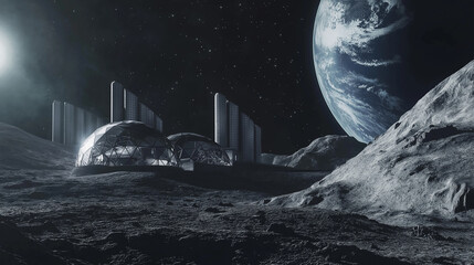 Futuristische Mondbasis unter Sternenhimmel. Kuppeln und Module auf grauer Oberfläche. Erde am Horizont. Sci-Fi-Vision naher Zukunft