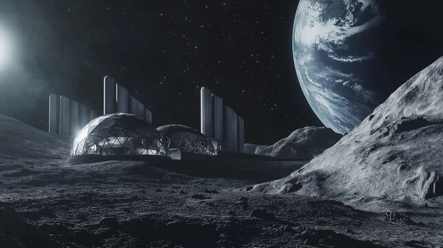 Futuristische Mondbasis unter Sternenhimmel. Kuppeln und Module auf grauer Oberfl&auml;che. Erde am Horizont. Sci-Fi-Vision naher Zukunft
