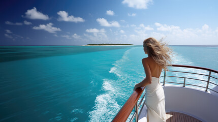 ocean, captured from the deck of a luxurious yacht.  polished wooden railing with crystal-clear turquoise water stretching out before it. In the distance, a tropical island with lush, green palm trees