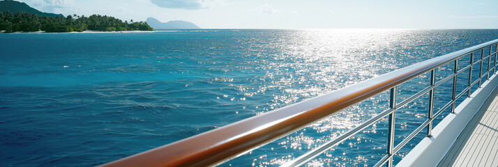 ocean, captured from the deck of a luxurious yacht.  polished wooden railing with crystal-clear turquoise water stretching out before it. In the distance, a tropical island with lush, green palm trees