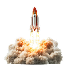 Rocket launch with smoke and flames on a white isolated background.
