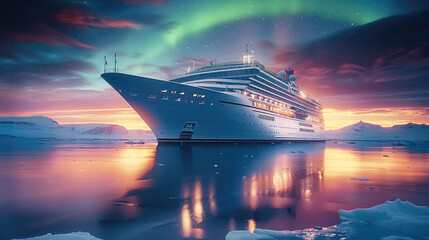 An all-inclusive Northern Lights cruise. a luxury cruise ship sailing through the serene, icy waters under the vivid, colorful display of the aurora borealis in the night sky. adventure and elegance.