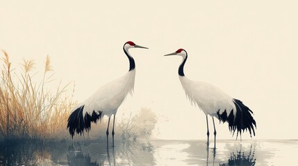 Obraz premium Two red-crowned cranes stand in water.