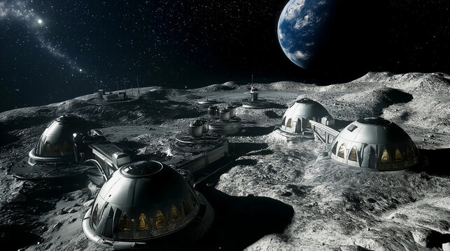 Futuristische Mondbasis unter Sternenhimmel. Kuppeln und Module auf grauer Oberfl&auml;che. Erde am Horizont. Sci-Fi-Vision naher Zukunft