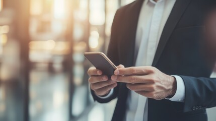 Modern professionalism, man in suit engages with technology on his phone 