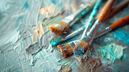 Obraz premium Artistic close-up of paintbrushes resting on a colorful palette covered with vibrant strokes and textures in a creative workspace
