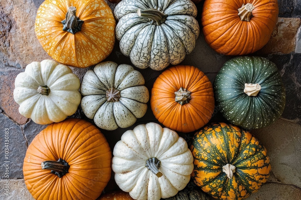 Poster An assortment of colorful pumpkins in different shapes and sizes arranged on a textured stone backdrop in fall