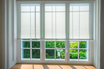 Morning light fills a room as white window blinds partially block the view of a vibrant garden outside