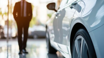 Fototapeta premium Urban style, man walks past a sleek car on city street