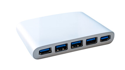 A compact USB hub with multiple ports isolated on a transparent background, PNG 