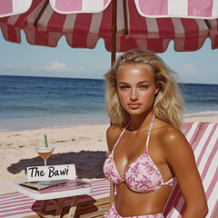 A retro-style 1940s photograph of an attractive 30 year old Bleach platinum blonde woman on the beach,  under a pink and white striped beach umbrella.  