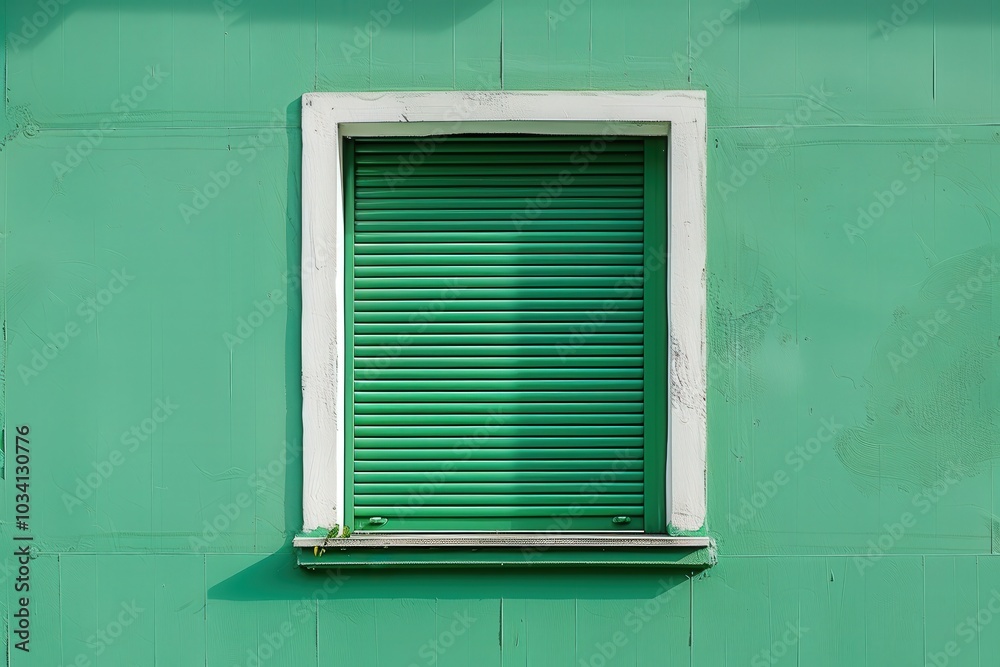 Poster a green window with slatted shutters sits on a matching green wall, emphasizing a calm and minimalis