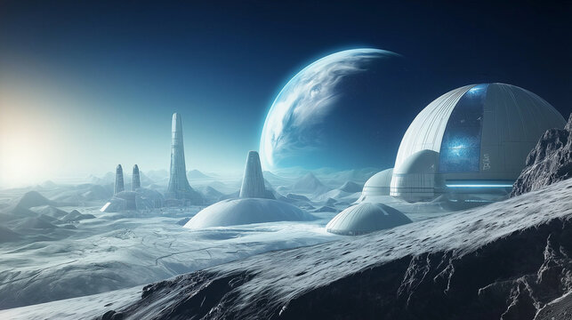 Futuristische Mondbasis unter Sternenhimmel. Kuppeln und Module auf grauer Oberfl&auml;che. Erde am Horizont. Sci-Fi-Vision naher Zukunft