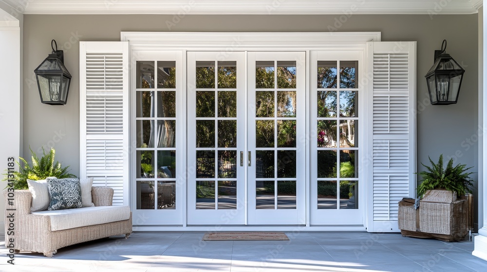 Canvas Prints A stylish entryway features white double doors, decorative sidelights, and cozy seating adorned with greenery on a bright day