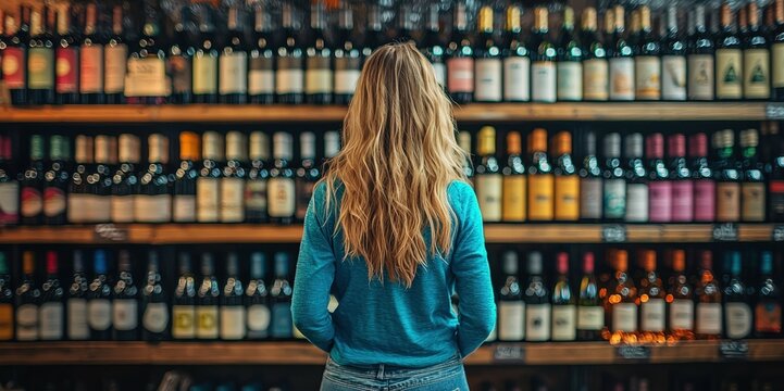A woman with long hair stands in front of a vast array of wine bottles, thoughtfully considering her options in a shop
