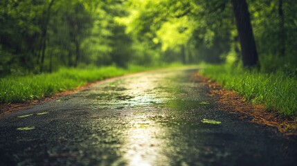Obraz premium A serene, rain-soaked pathway winding through a lush green forest during early morning hours