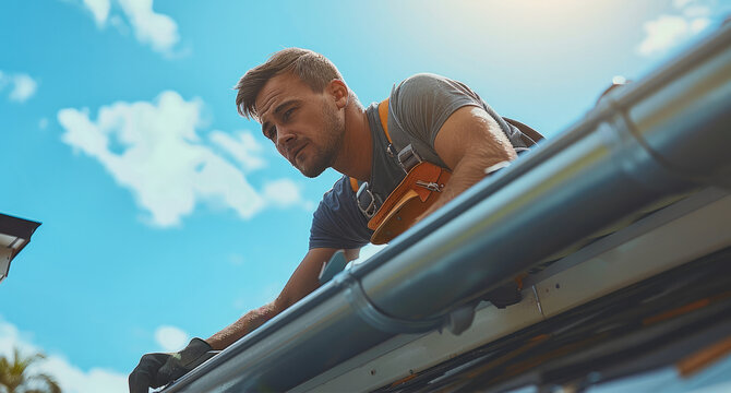 A man on a ladder installing aluminum gutters on the edge of a house roof. He is dressed in simple work attire, focused on securing the gutter with a power drill.