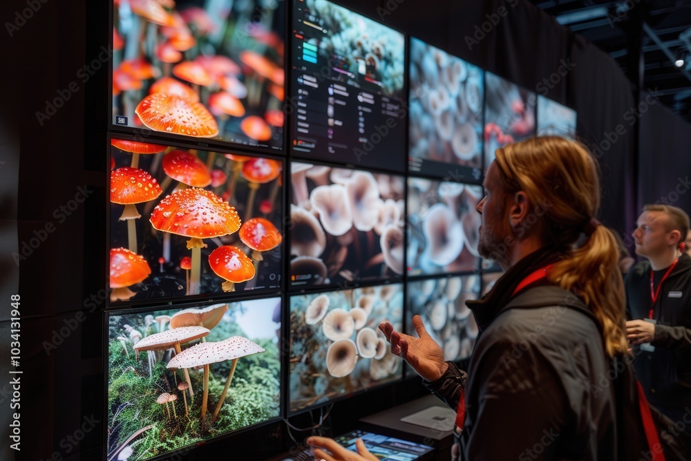 Poster a person examines detailed displays of colorful mushrooms at a tech event, illustrating the intersec