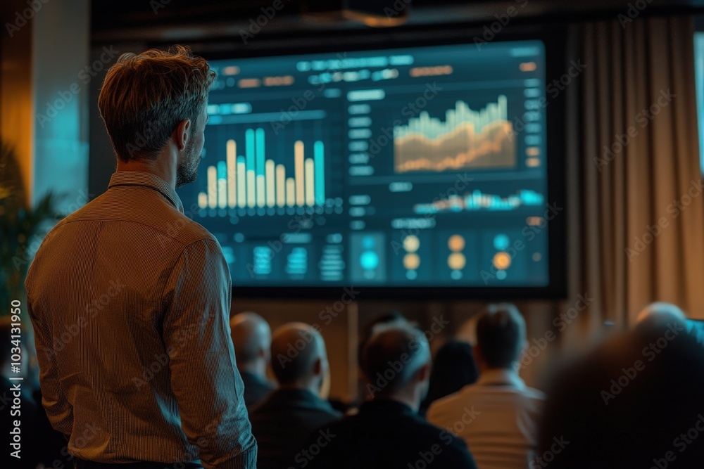 Poster A professional focuses on a dynamic data presentation displayed on a large screen in a conference setting