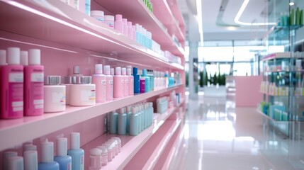 Obraz premium Brightly lit cosmetic store showcasing neatly arranged skincare products on pink shelves during daylight hours