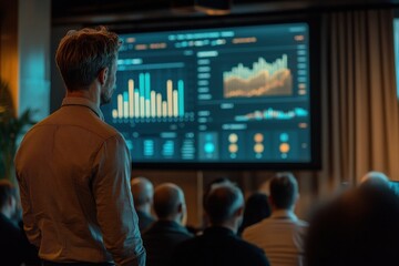 A professional focuses on a dynamic data presentation displayed on a large screen in a conference setting