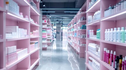 Obraz premium A colorful aisle in a modern beauty store showcasing a variety of skincare and cosmetic products on neatly arranged shelves