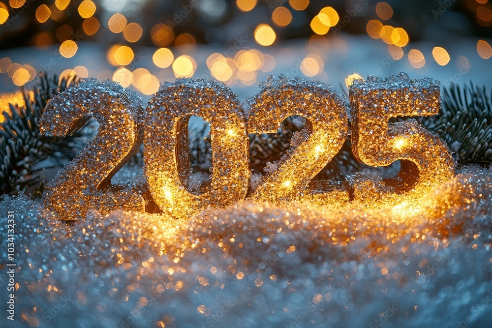 Poster The sparkling numbers representing 2025 are surrounded by snow and adorned with warm twinkling lights, creating a festive atmosphere