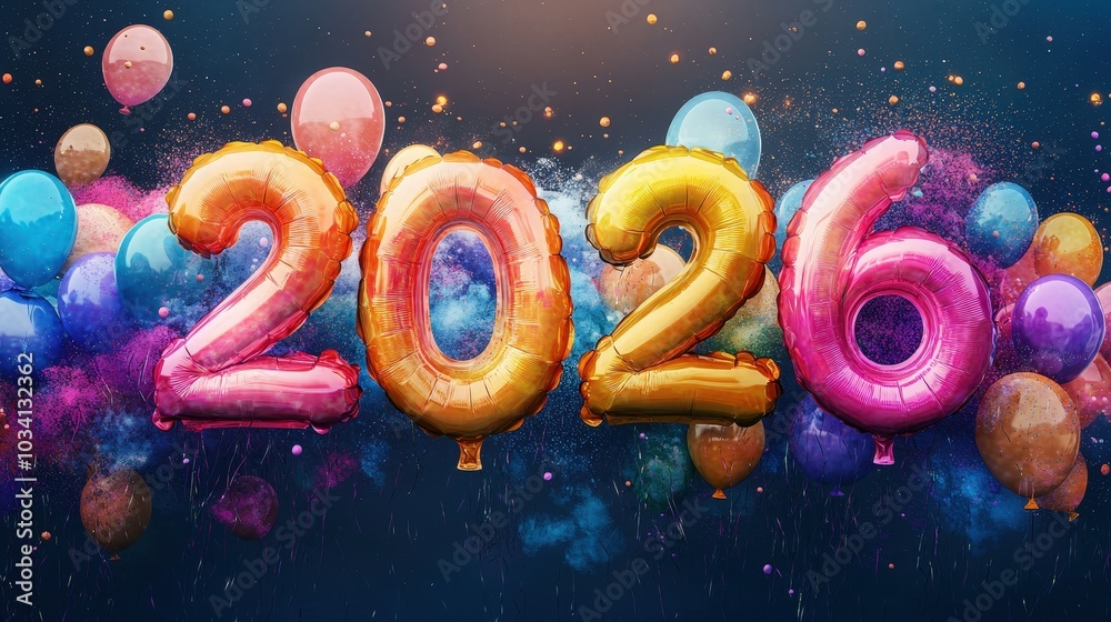 Aufkleber festive decorations showcase the new year 2026 with colorful balloons and lively confetti creating a
