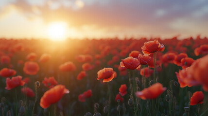 Obraz premium Copy space, field of red poppies at sunset rememberance day. Background for rememberance day, armistice day. Respect for victims, soldiers. Concept of peace, pride, respect.