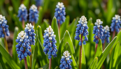Muscari aucheri grape hyacinth white magic album in bloom, ornamental cultivated flowering springtime bulbous plant isolated with white highlights, png