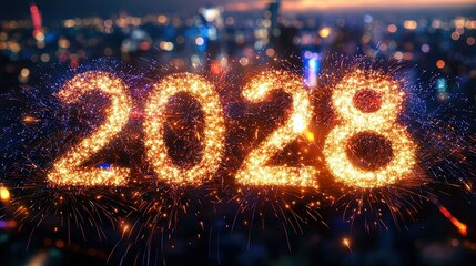 Spectacular fireworks display lights up the skyline as people celebrate the new year 2028 in a bustling city environment