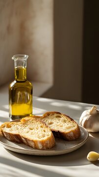 Garlic bread with olive oil on a white plate, against a table background.