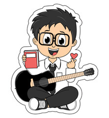Cute Boy Cartoon Play Guitar