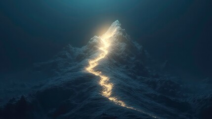 A glowing path leading to the summit of a mountain peak, symbolizing success, achievement, and progress.